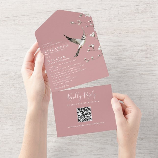 Invitation Tout En Un Dusty Rose Chinoiserie Floral QR Code Mariage (Déchirure)