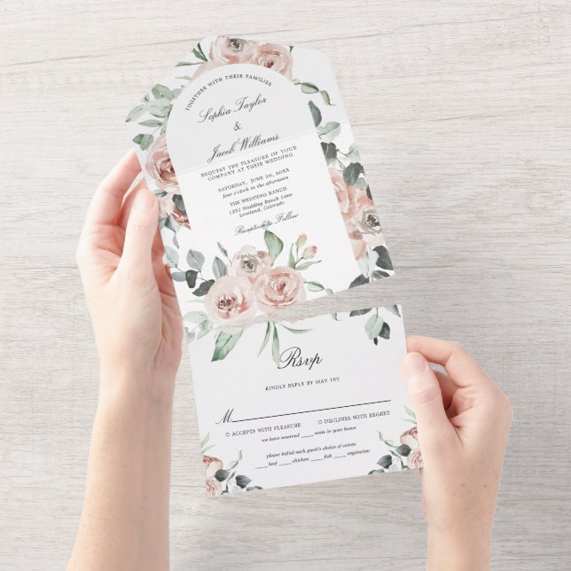 Invitation Tout En Un Dusty rose Eucalyptus Floral Mariage (Déchirure)