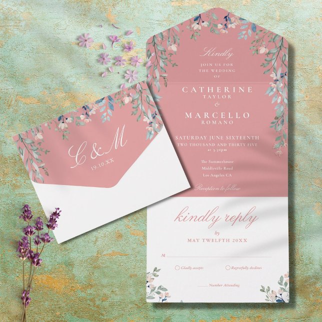 Invitation Tout En Un Dusty Rose Floral Cascade Monogram Mariage (Créateur téléchargé)