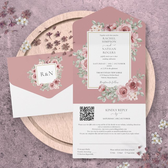 Invitation Tout En Un Dusty Rose Floral Gold géométrique QR Code Mariage (Dusty Rose Floral Gold Geometric QR Code Wedding All In One Invitation)