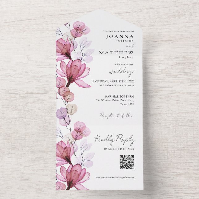 Invitation Tout En Un Dusty Rose Floral Monogramme QR Code Mariage (À l'intérieur)