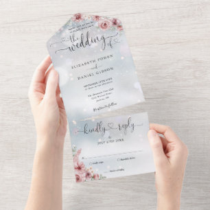 Invitation Tout En Un Dusty Rose Floral Script Coeurs Mariage d'hiver