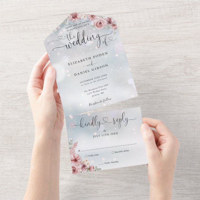 Invitation Tout En Un Dusty Rose Floral Script Coeurs Mariage d'hiver (Déchirure)