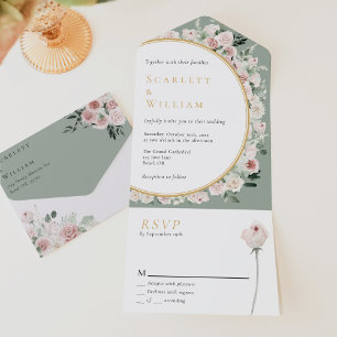 Invitation Tout En Un Dusty Rose Gold Sage Vert Vintage Floral Mariage