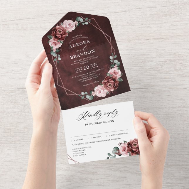 Invitation Tout En Un Dusty rose mauve Rose Floral Mariage géométrique A (Déchirure)