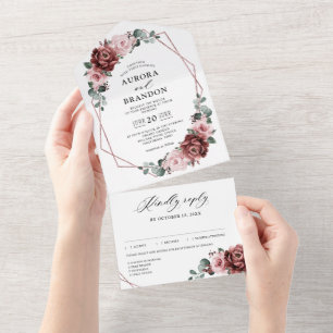Invitation Tout En Un Dusty rose Rose floral Mariage géométrique