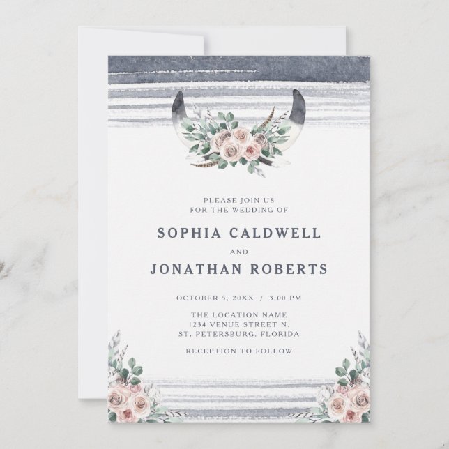 Invitation Tout en un Dusty rose Roses Bull Horns Mariage (Devant)