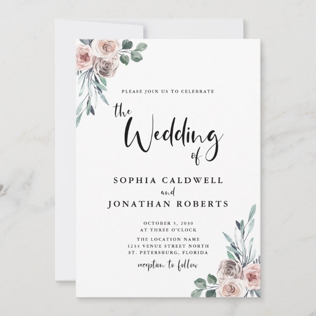 Invitation Tout en un Dusty rose Roses Mariage de calligraphi (Devant)