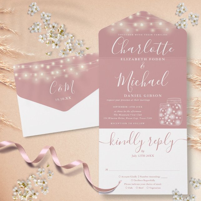 Invitation Tout En Un Dusty Rose String lumières Mason Jars Mariage (Dusty Rose String Lights Mason Jars Wedding All In One Invitation)