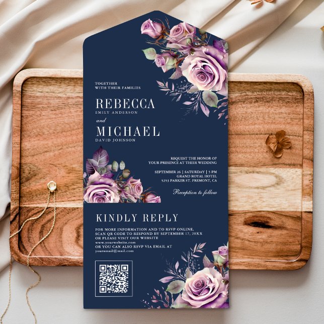 Invitation Tout En Un Dusty Violet Floral QR Code Marine Mariage bleu (Créateur téléchargé)