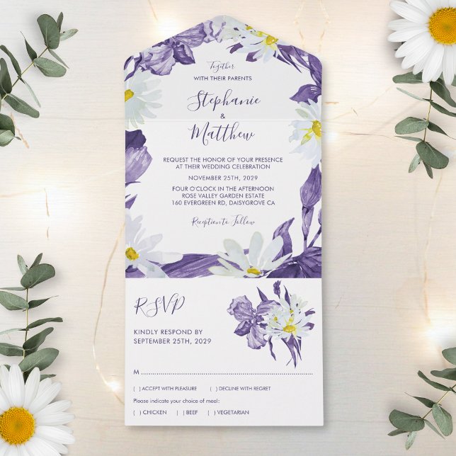 Invitation Tout En Un Dusty violet Iris blanc marguerite Mariage botaniq (Créateur téléchargé)