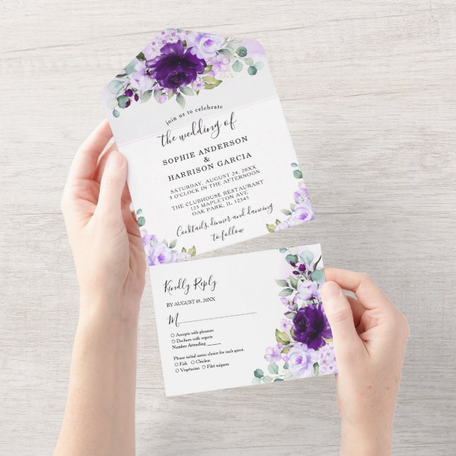 Invitation Tout En Un Dusty violet Rose Lilac Fleurs Mariage rustique To (Déchirure)