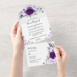 Invitation Tout En Un Dusty violet Rose Lilac Fleurs Mariage rustique To