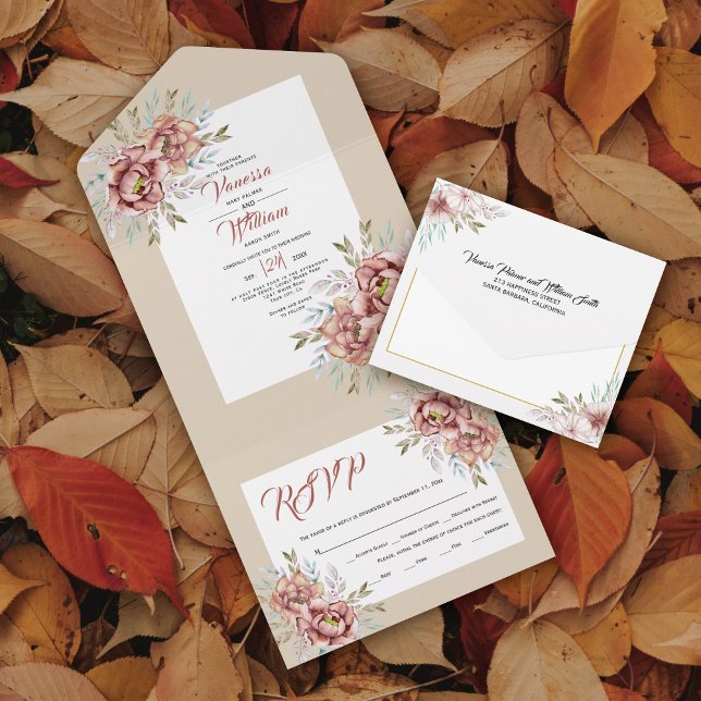 Invitation Tout En Un Eau en terre cuite fleurs beige mariage de automne (Créateur téléchargé)