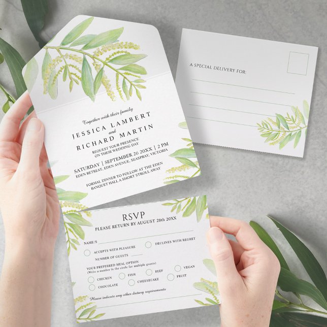 Invitation Tout En Un Eau verte à l'eucalyptus mariage RSVP (Créateur téléchargé)