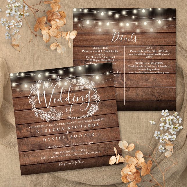 Invitation Tout En Un Éclairage De Chaîne En Bois Rustique Ca (All In One Rustic Wood String Light Square Wedding Invitation)