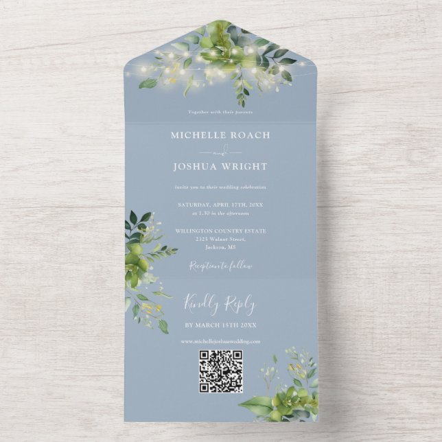 Invitation Tout En Un Éclairages en guirlande de verdure Code QR mariage (À l'intérieur)