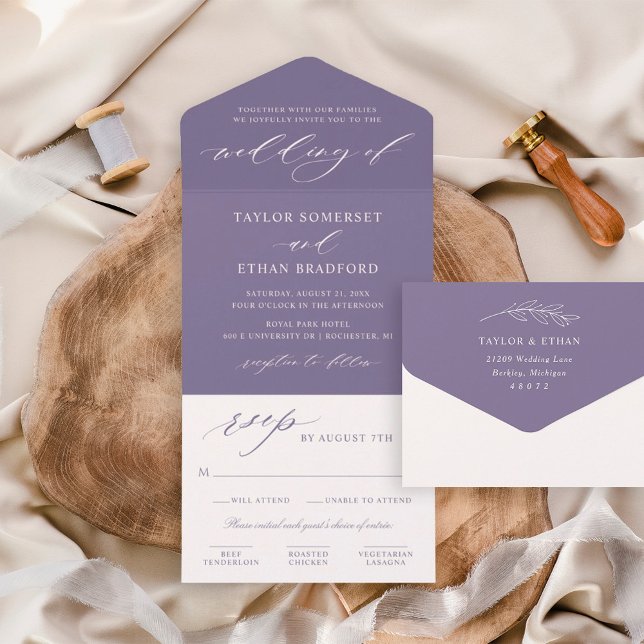 Invitation Tout En Un Écriture Calligraphique Mariage Violet Élégant (Créateur téléchargé)