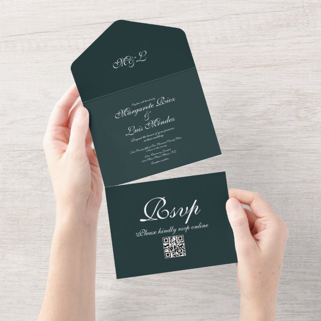 Invitation Tout En Un Écriture calligraphique verte mariage vert émeraud (Déchirure)