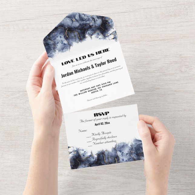 Invitation Tout En Un Elégance Abstraite LGBTQ Marbre doré bleu profond (Déchirure)