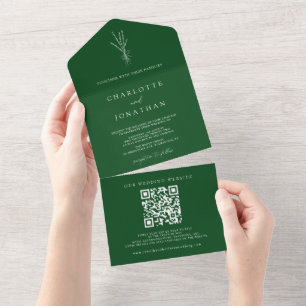 Invitation Tout En Un Élégance botanique minimale Mariage vert émeraude
