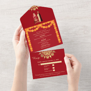 Invitation Tout En Un Élégance Cramoisi Moderne Mariage Indien Rouge & O