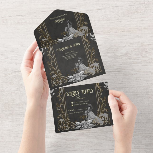 Invitation Tout En Un Elégance en argent et noir. (Déchirure)