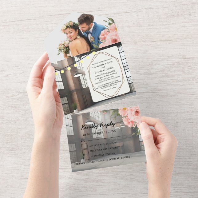Invitation Tout En Un Élégance Industrielle Mariage Moderne Chic (Déchirure)