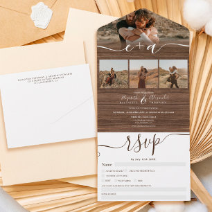 Invitation Tout En Un Elegant 4 Photos rustic brown wood script wedding