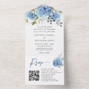Invitation Tout En Un Elégant aquarelle bleu Hydrangea QR code Mariage