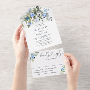 Invitation Tout En Un Elégant Aquarelle Eucalyptus Blue Rose Mariage