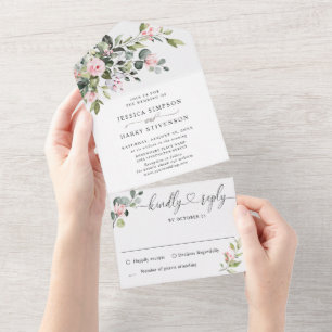 Invitation Tout En Un Elégant Aquarelle Eucalyptus Blush Rose Mariage