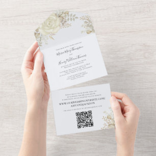 Invitation Tout En Un Elégant aquarelle florale Liquide ivoire QR Code