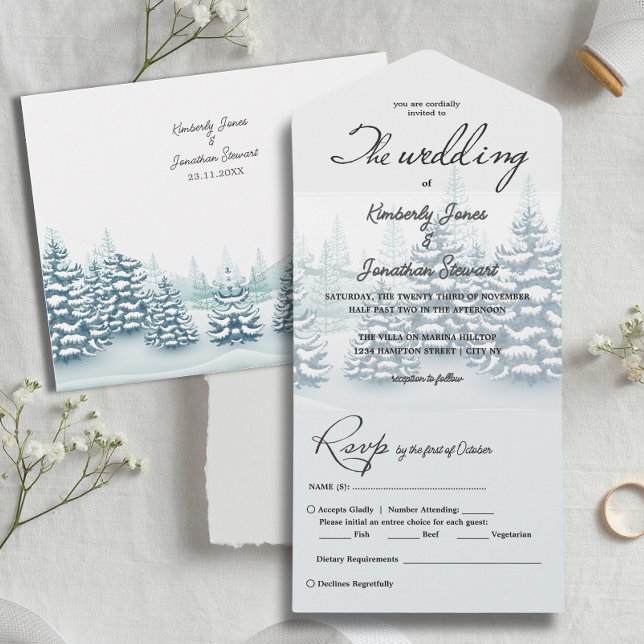 Invitation Tout En Un Elégant aquarelle Pine arbres RSVP Mariage d'hiver (Elegant watercolor Pine trees RSVP Winter Wedding All In One Invitation)
