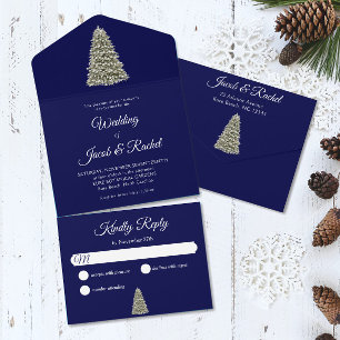 Invitation Tout En Un Élégant arbre de Noël lumineux Mariage bleu nuit