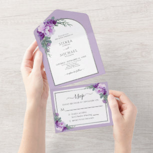 Invitation Tout En Un Elégant Arc Mariage de feuillage fleuri violet arg