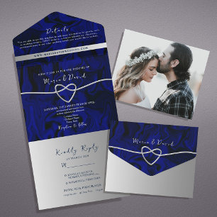 Invitation Tout En Un Elégant argent et Mariage bleu marine
