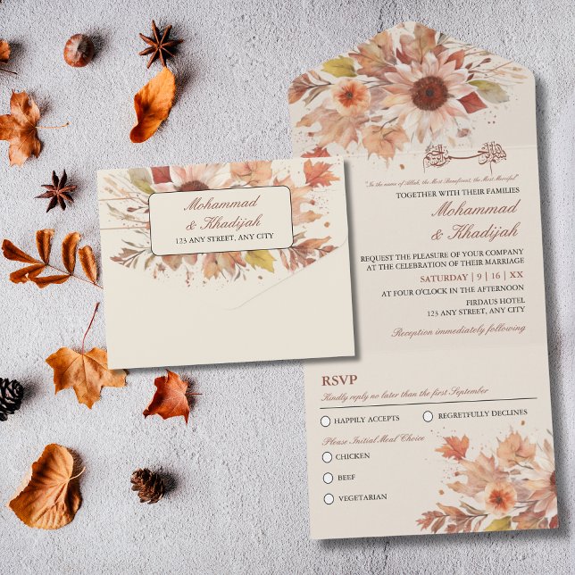 Invitation Tout En Un Elégant automne Floral Aquarelle Mariage musulman (Elegant Autumn Floral Watercolor Muslim Wedding All In One Invitation)