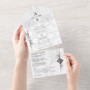 Invitation Tout En Un Élégant Baroque noir blanc Floral Mariage officiel