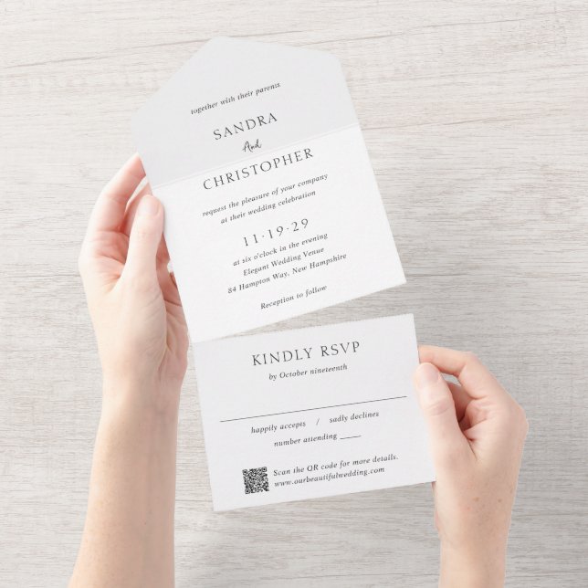 Invitation Tout En Un Elegant Black and White QR Code Modern Wedding (Déchirure)