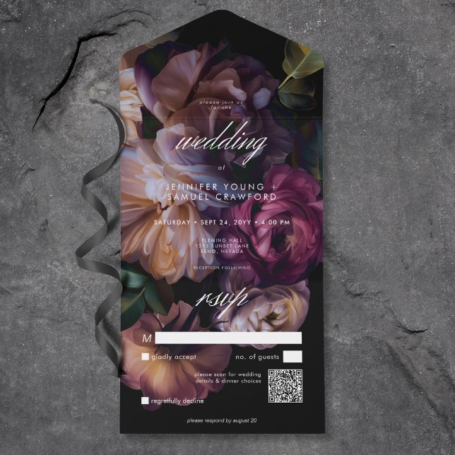 Invitation Tout En Un Elégant Black Moody Floral Mariage QR Code (Elegant Black Moody Floral Wedding QR Code All In One Invitation)