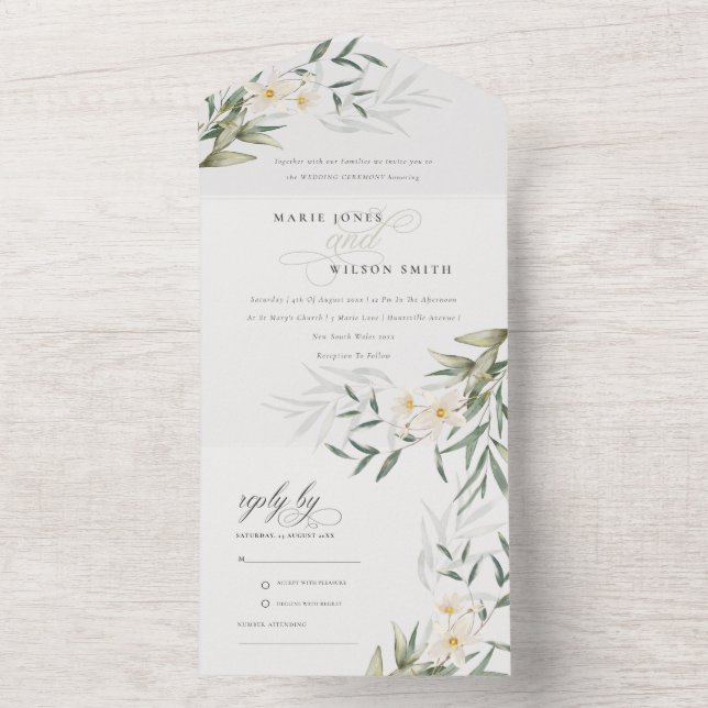 Invitation Tout En Un Élégant blanc élégant Mariage Floral (À l'intérieur)