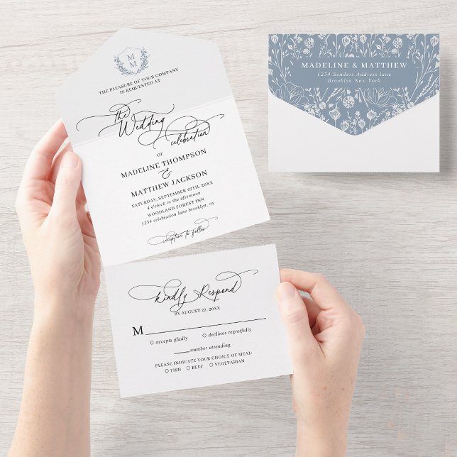 Invitation Tout En Un Elégant bleu bleu floral Crest Mariage (Créateur téléchargé)