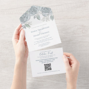 Invitation Tout En Un Elégant bleu bleu floral QR Code Budget Mariage