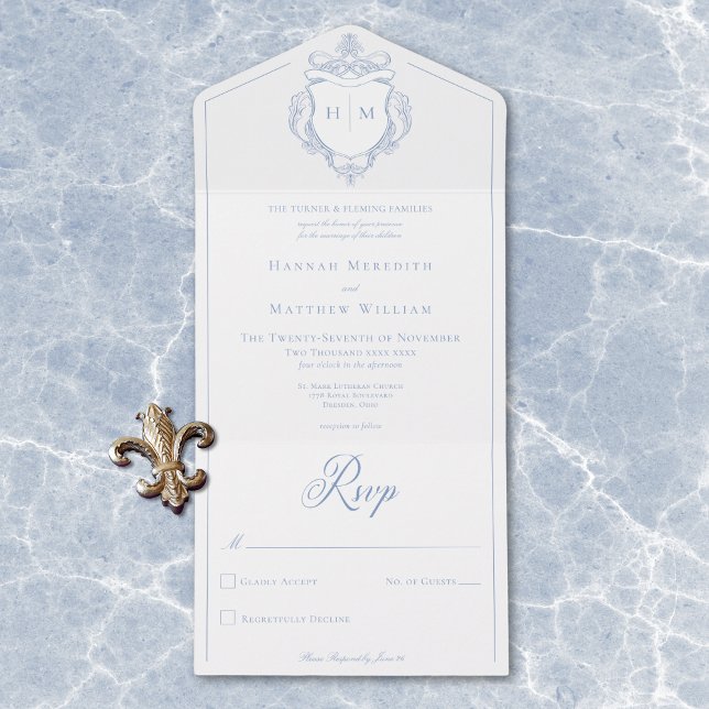 Invitation Tout En Un Elégant bleu Chinoiserie Bird Crest Mariage (Elegant Blue Chinoiserie Bird Crest Wedding All In One Invitation)