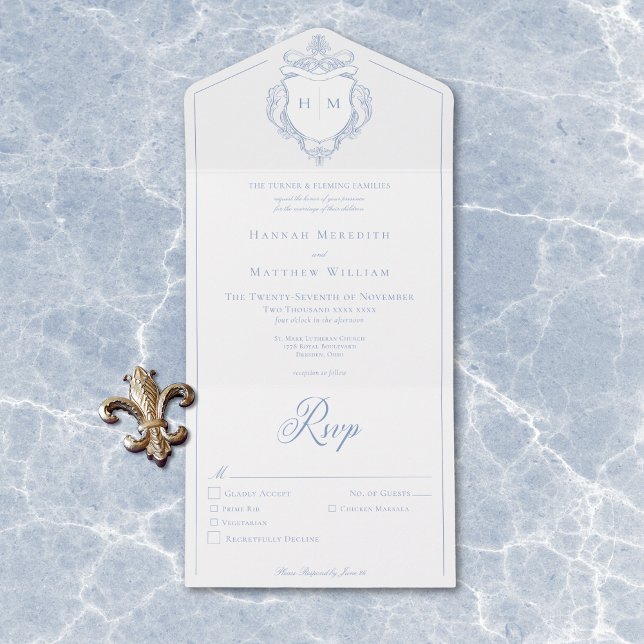 Invitation Tout En Un Elégant bleu Chinoiserie Bird Crest Mariage (Elegant Blue Chinoiserie Bird Crest Wedding All In One Invitation)