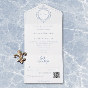 Invitation Tout En Un Elégant bleu Chinoiserie Bird Crest Mariage QR