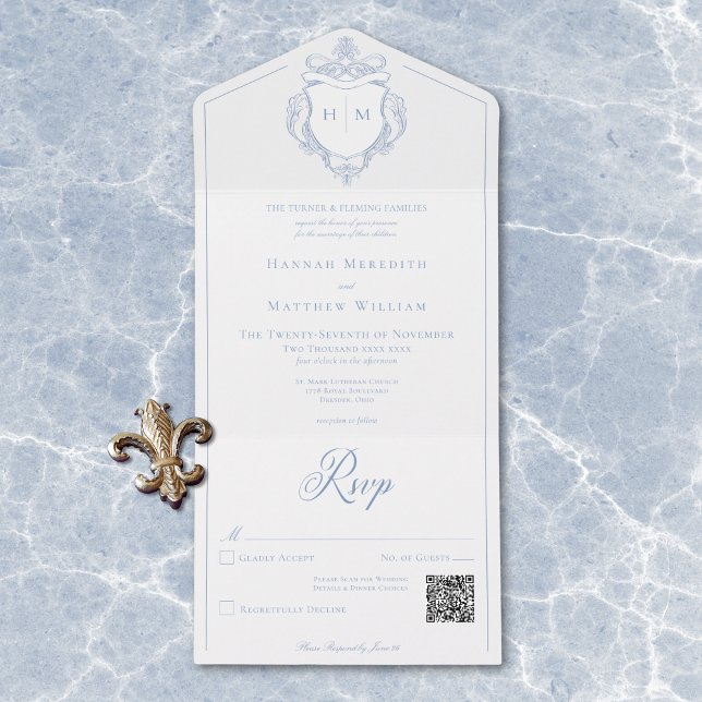Invitation Tout En Un Elégant bleu Chinoiserie Bird Crest Mariage QR (Elegant Blue Chinoiserie Bird Crest Wedding QR All In One Invitation)