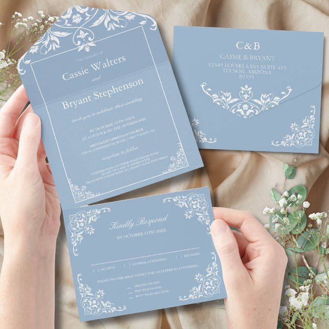 Invitation Tout En Un Elégant bleu Dusty tout en un Mariage (elegant dusty blue and white simple minimal all in one wedding invitation with rsvp card attached)