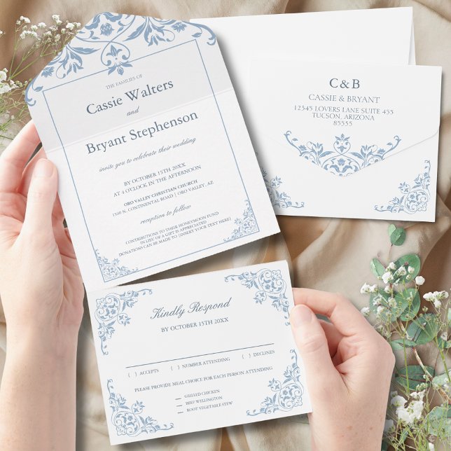 Invitation Tout En Un Elégant bleu et blanc tout en un mariage Invitatio (Elegant all in one wedding invitaiton in simple minimalist blue and white design with rsvp cards)